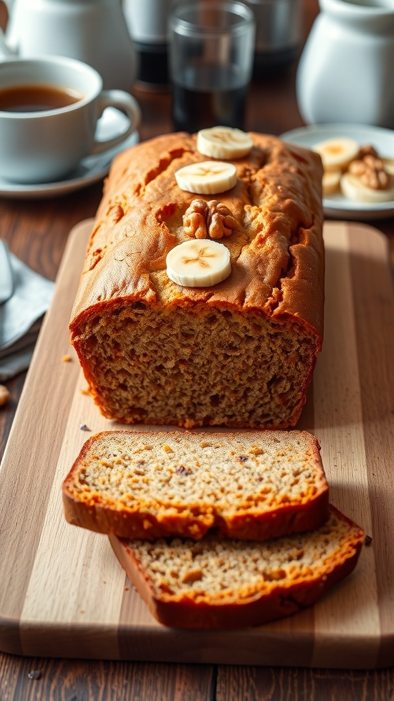 A golden brown loaf of banana bread with banana slices and walnuts on a cutting board in a cozy kitchen.